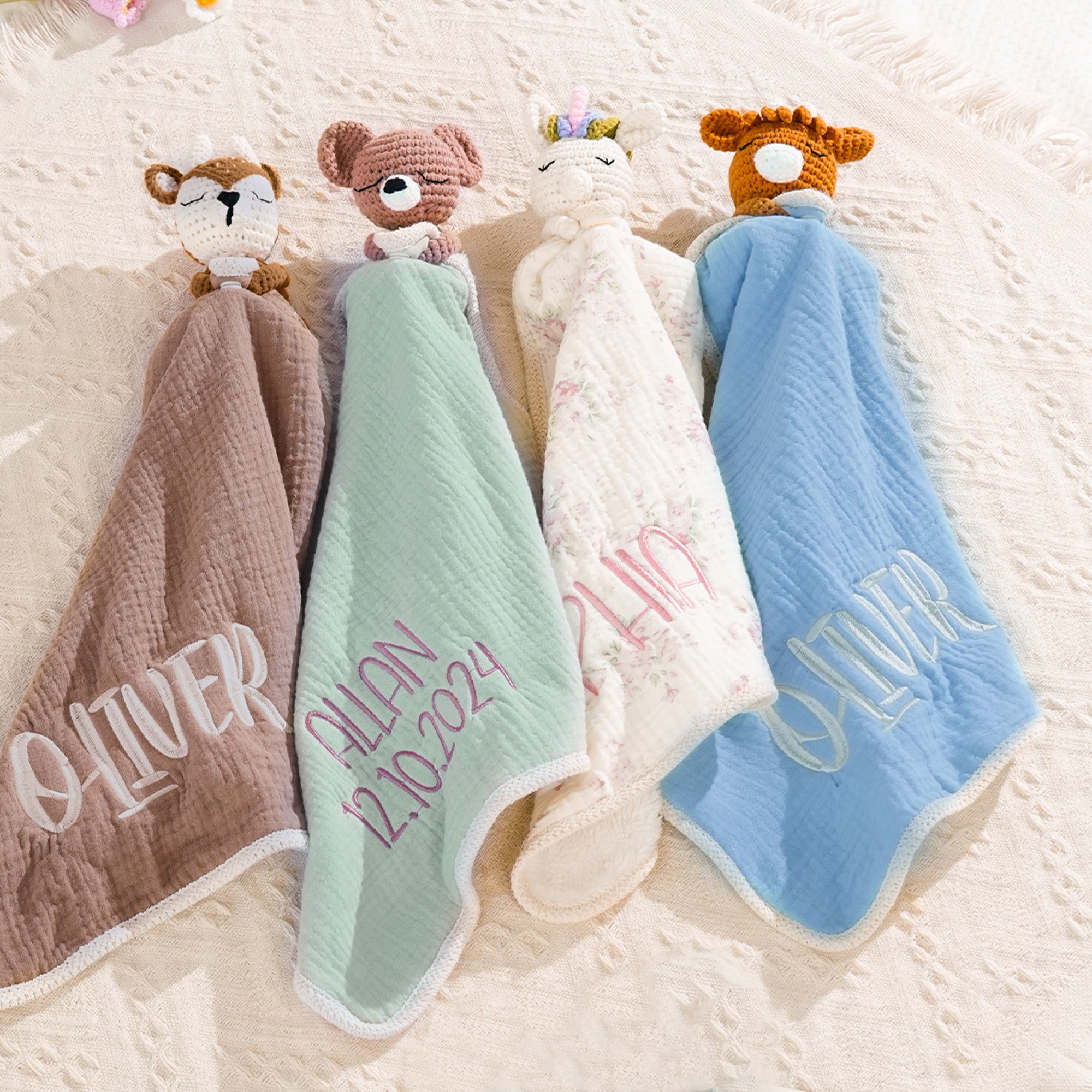Personalizado lindo niño oso vaca fantasía unicornio suave manta de seguridad del bebé con el nombre bordado cumpleaños Baby Shower regalo para los recién nacidos