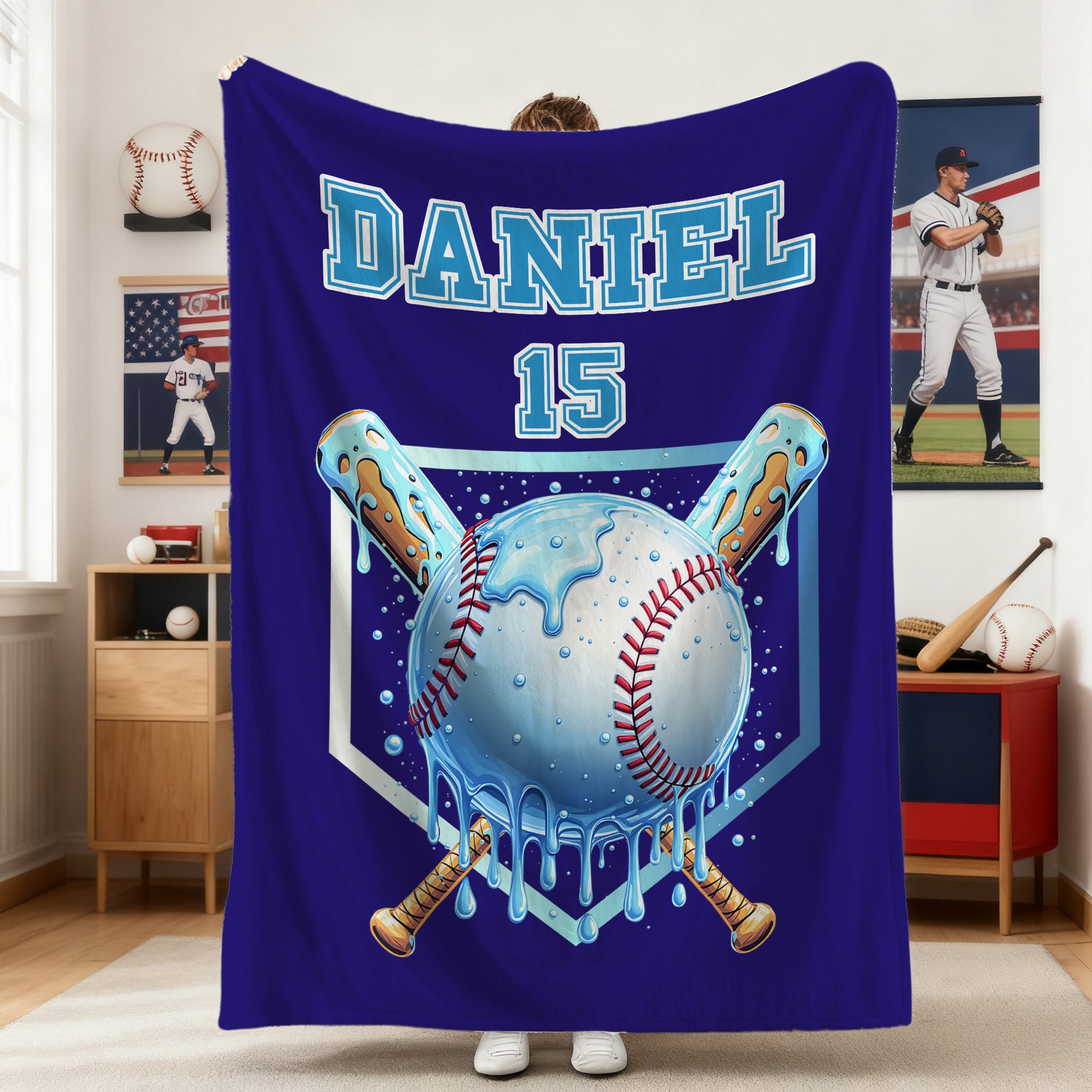 Manta de béisbol personalizada con nombre y número para decoración del hogar Regalo de cumpleaños y Navidad para niños amantes del deporte