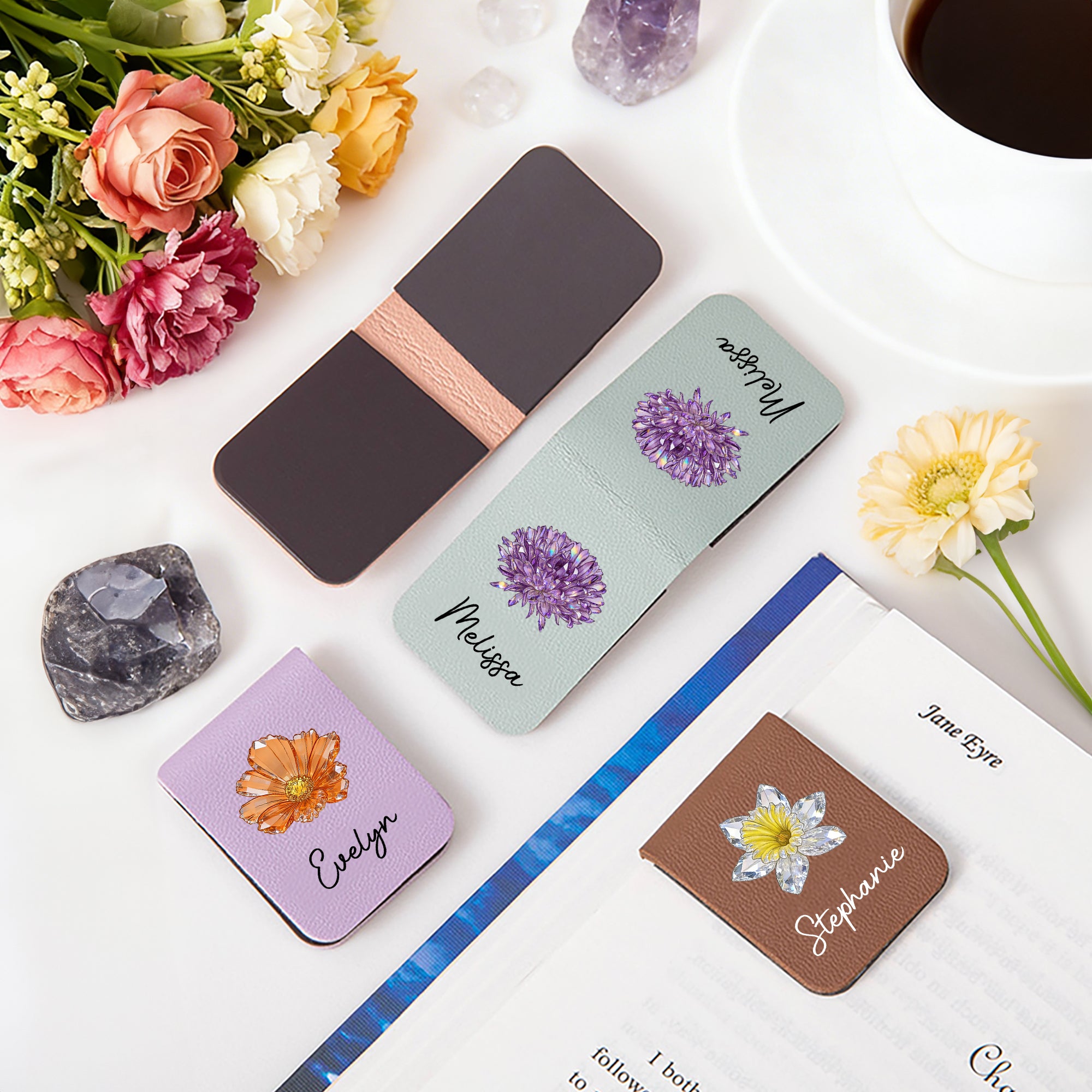 Personalizada de cristal de nacimiento de la flor de la lectura magnética de cuero de la PU Bookmark Clip de uso diario de la biblioteca Bookish regalo de cumpleaños para los amantes de los libros de