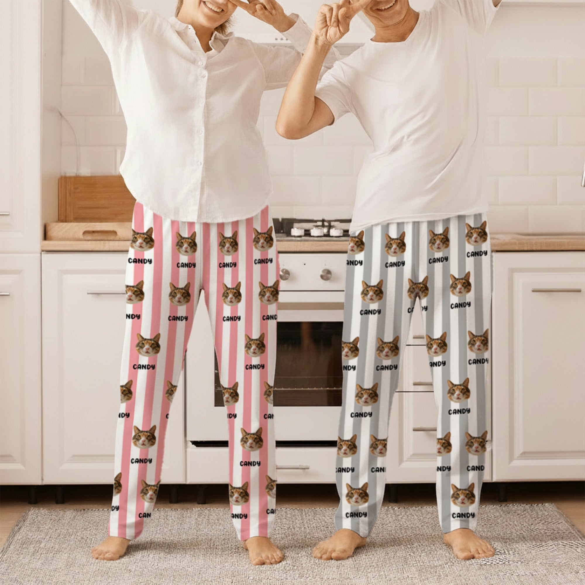 Personalizado Perro Gato Cara Foto Multicolor Rayas Pijama Pantalones con Nombre Cordón Cintura Cumpleaños Aniversario Regalo para Mujeres Hombres Amantes de las Mascotas