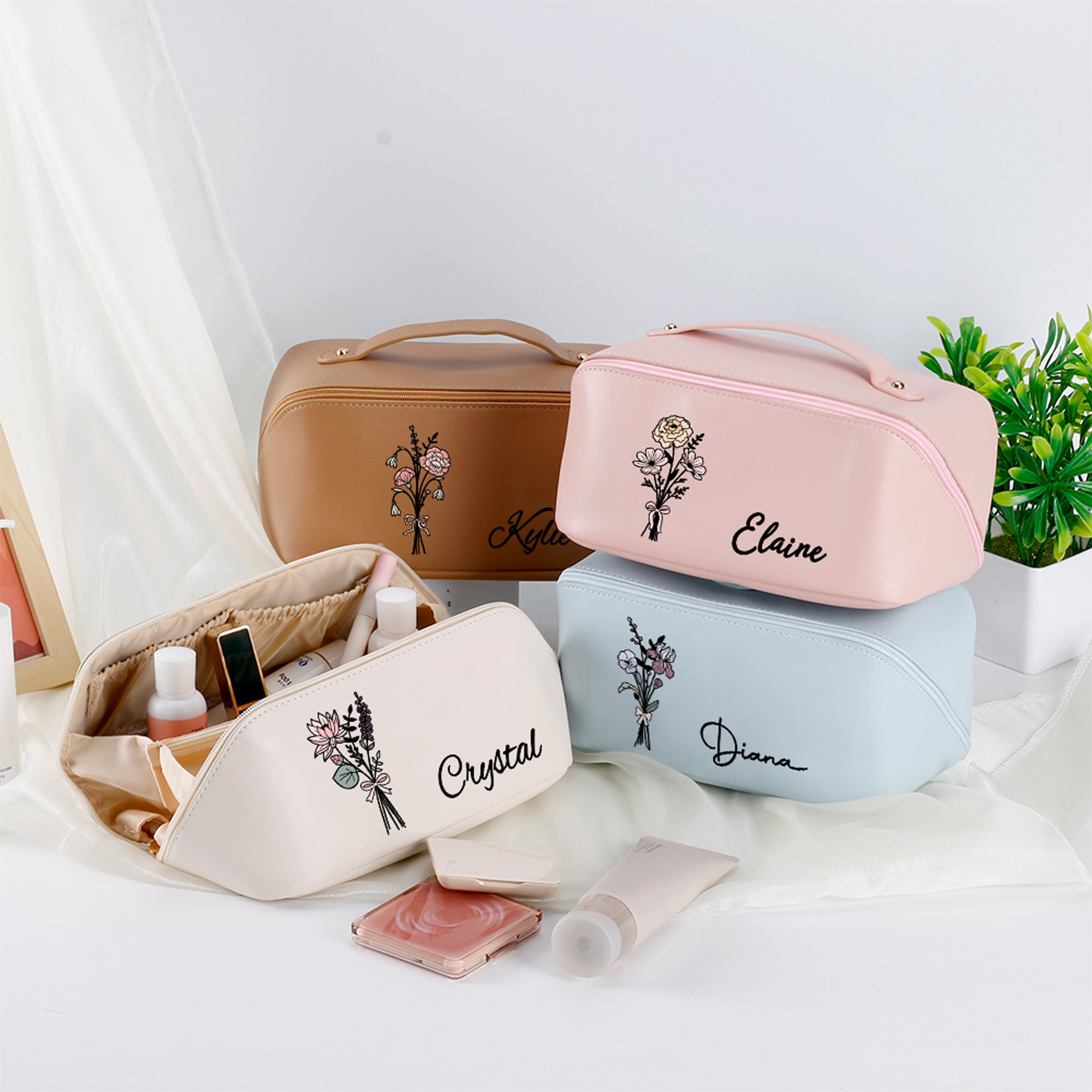 Personalizada de nacimiento de flores de gran ancho abierto portátil de cuero PU bolsa de maquillaje con nombre de viaje Accesorios de regalo de cumpleaños para las mujeres niñas