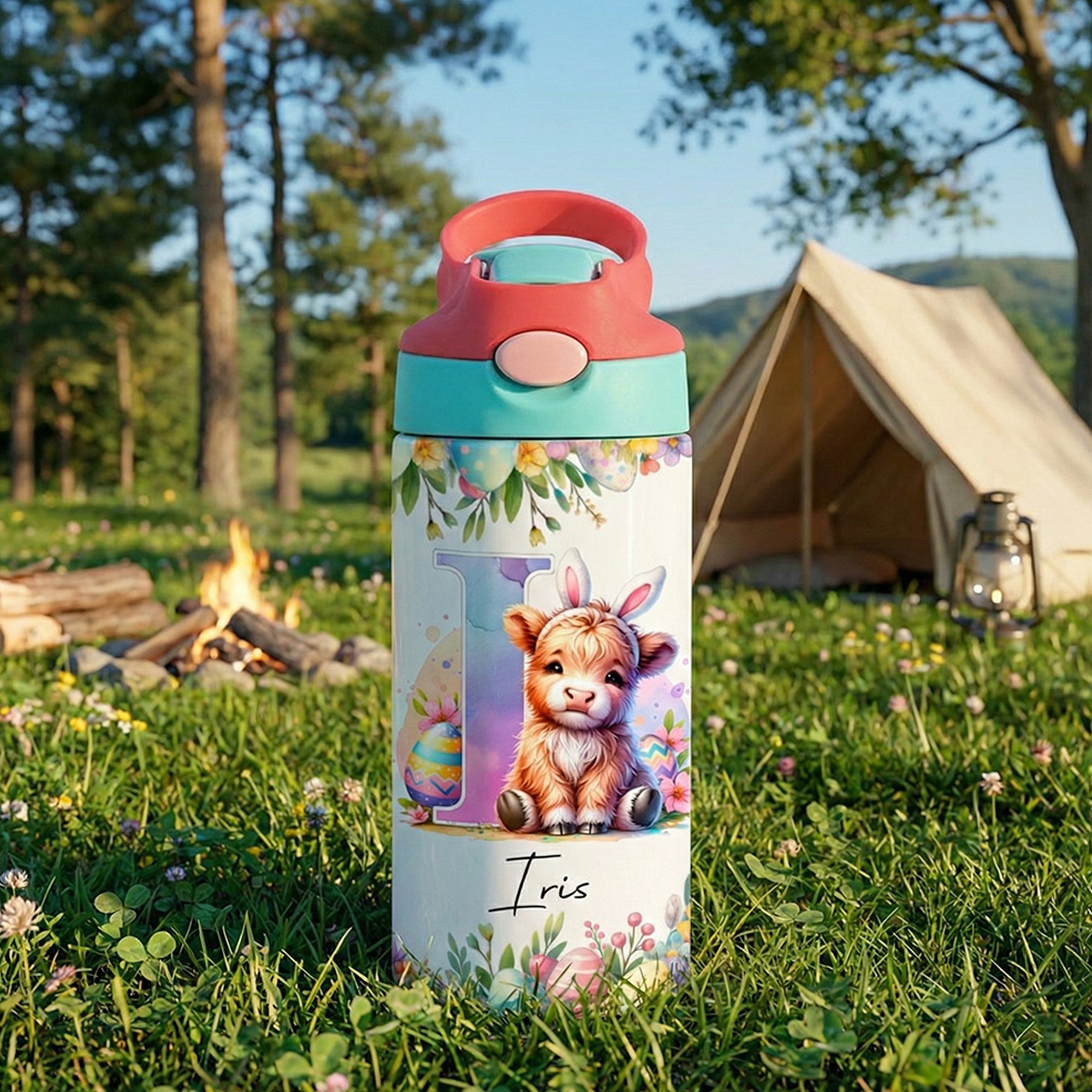 Conejo de Pascua personalizado Orejas Highland Vaca 12 oz aislado Kid Botella de agua con el nombre y la paja de vuelta a la escuela Regalo de cumpleaños para niños Niñas