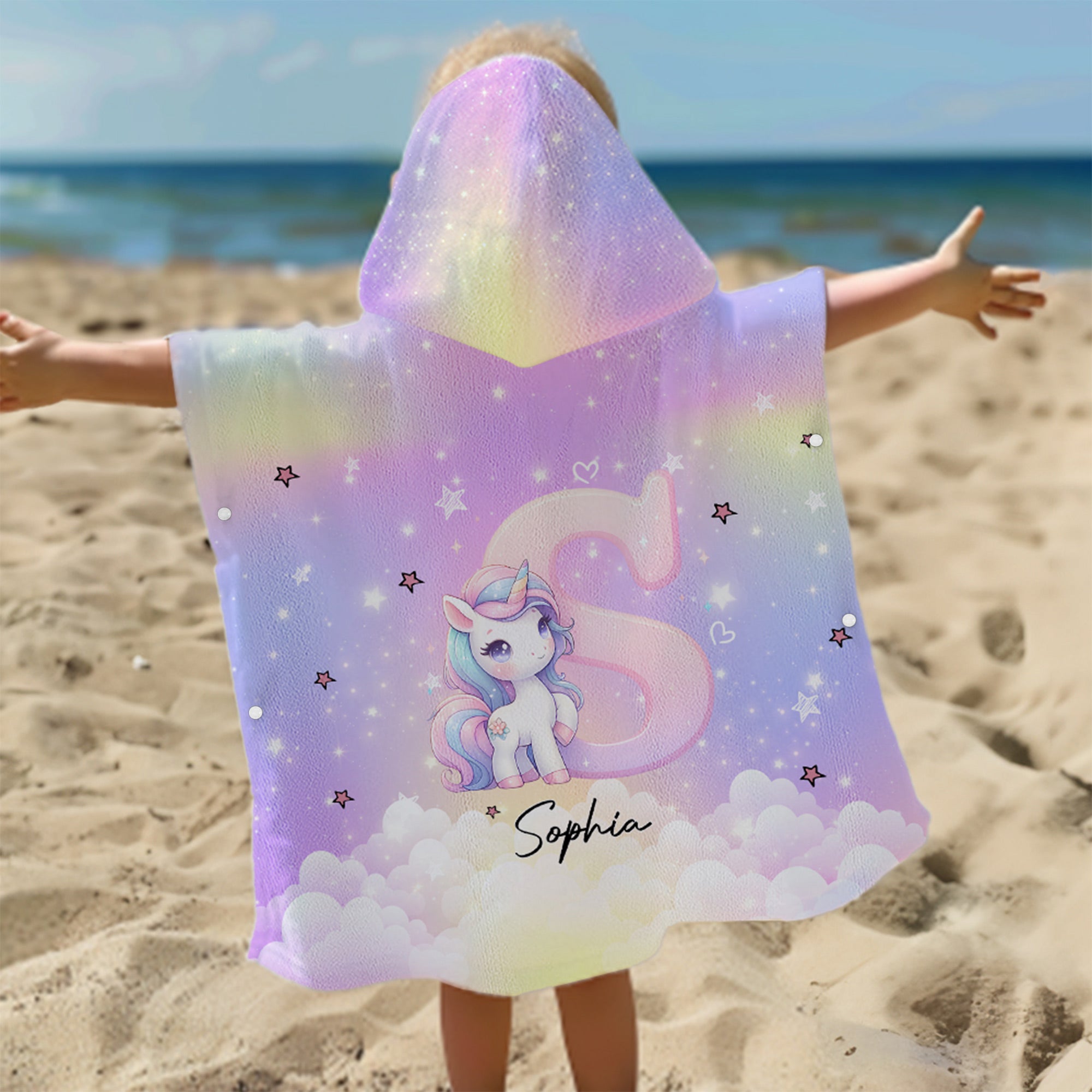Toalla de playa con capucha, personalizada, fantasía unicornio, tamaño grande, suave, con nombre, inicial, fiesta en la playa, viaje, vacaciones de verano, regalo de cumpleaños para niñas.