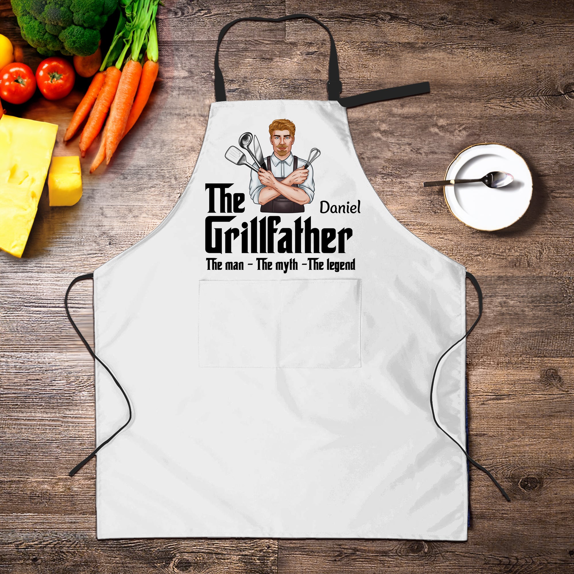 Grillfather Personalizado Cartoon Nombre del personaje delantal con bolsillos delanteros Cumpleaños Regalo de Navidad para Papá Abuelo Marido Entusiastas de la barbacoa