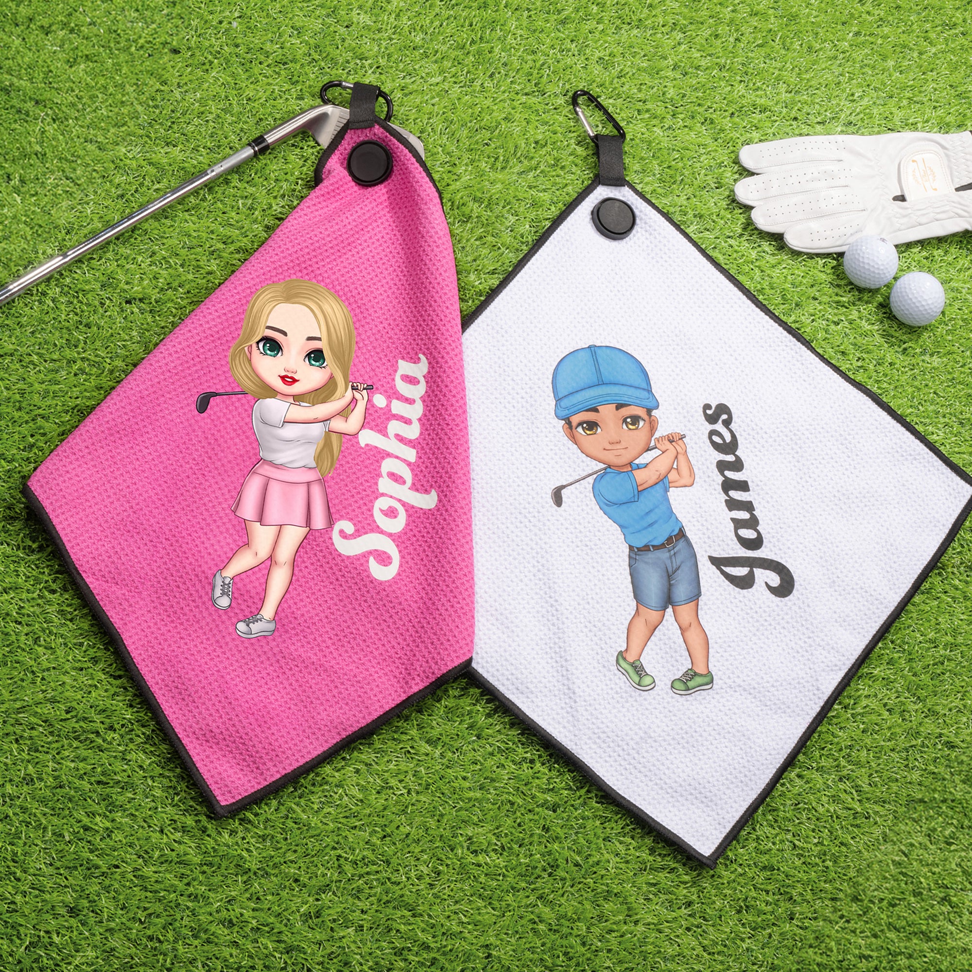 Toalla de golf personalizada con nombre de personaje de golf de dibujos animados y clip para colgar Accesorios deportivos Regalo de cumpleaños para jugadores de golf