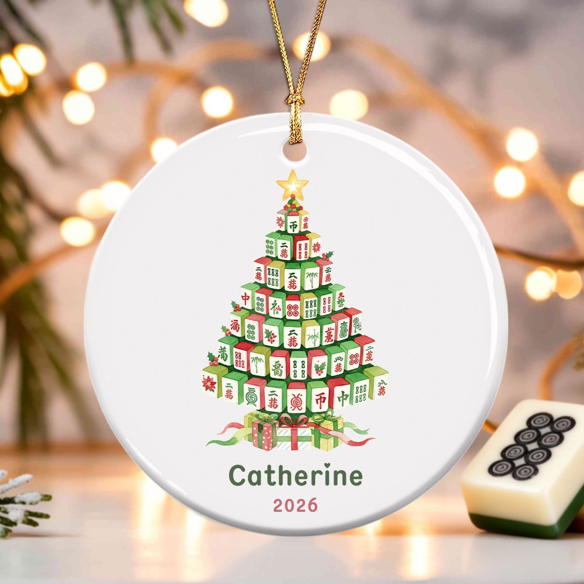 Árbol de Navidad Mahjong personalizado Adorno de cerámica con nombre y año Decoración del hogar Regalo de Navidad para la familia Amigos Entusiastas del Mahjong