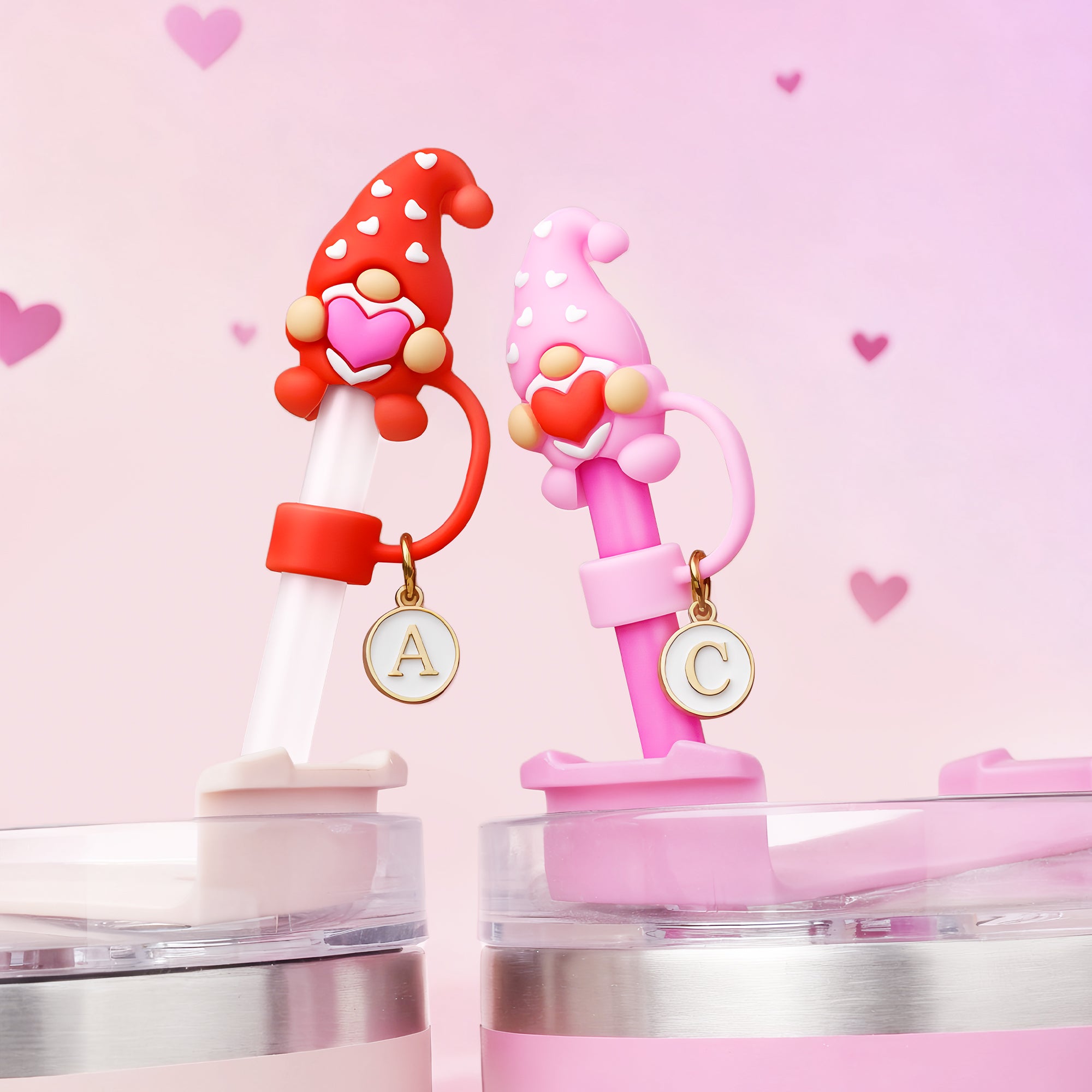 Pajita reutilizable Corazón de Gnomo Personalizada con Inicial Accesorio para Vaso Stanley Regalo de San Valentín para Pareja
