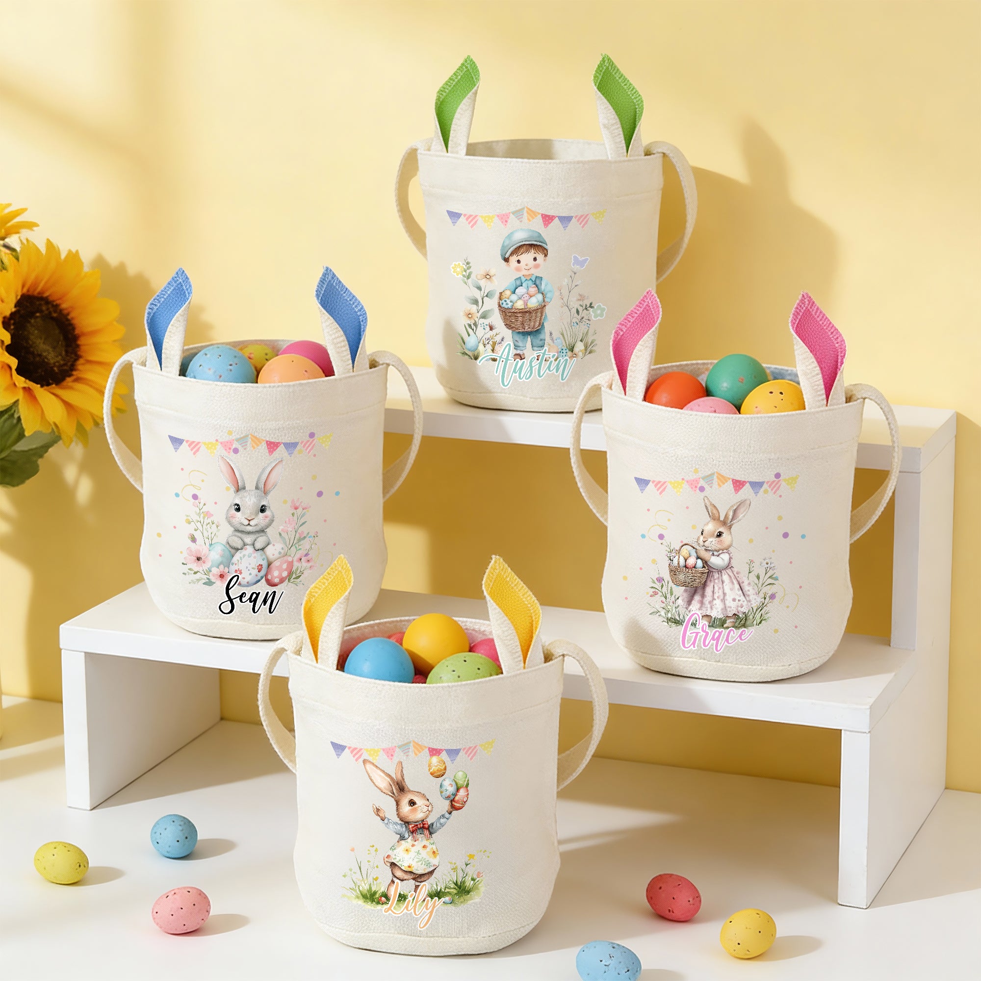 Cesta de Pascua personalizada con conejito de acuarela con nombre y orejas de conejo Accesorio para cazar huevos Regalo de Pascua para niños