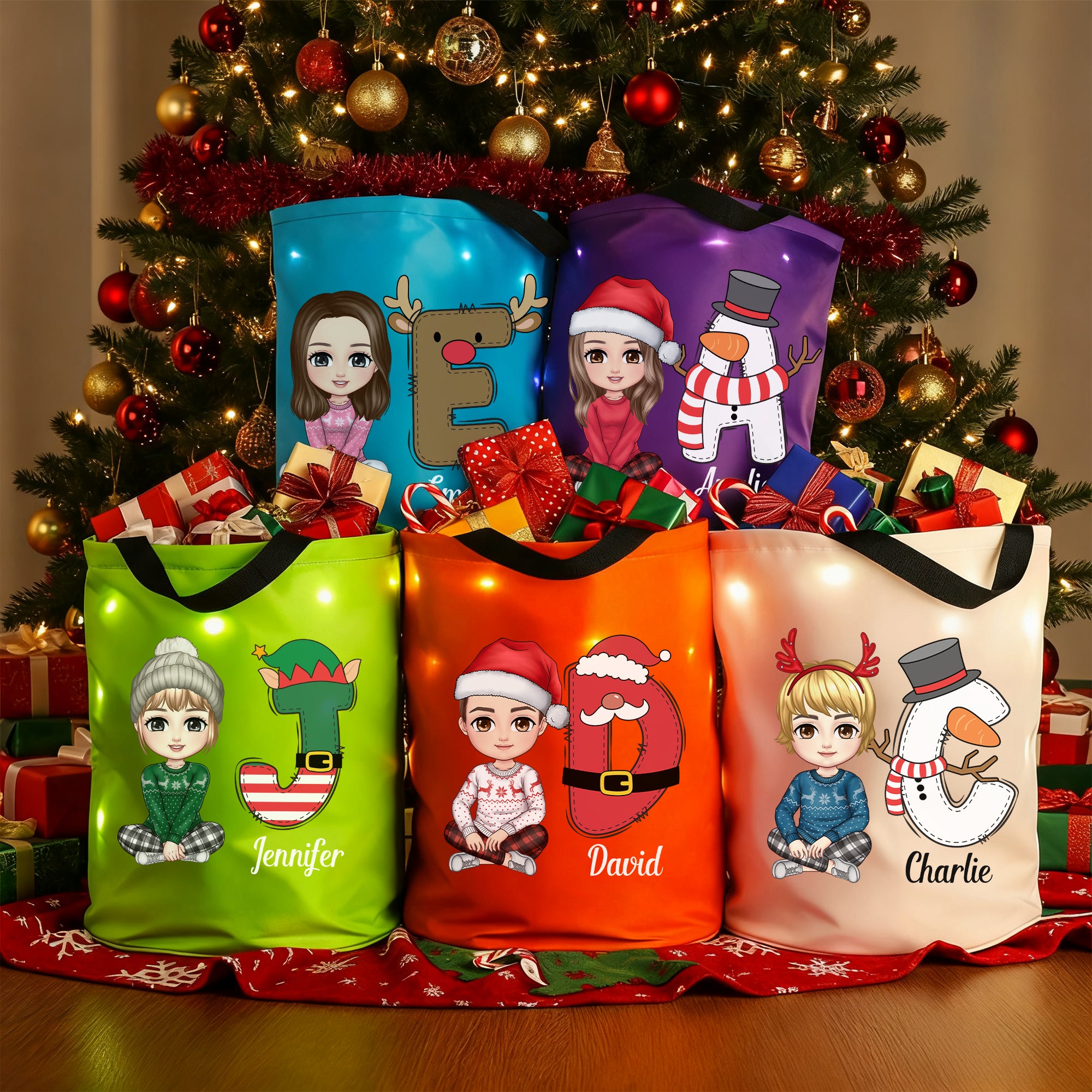 Cesta con luz LED con iniciales y nombre personalizada con temática navideña de dibujos animados Regalo de Navidad para niños Familia