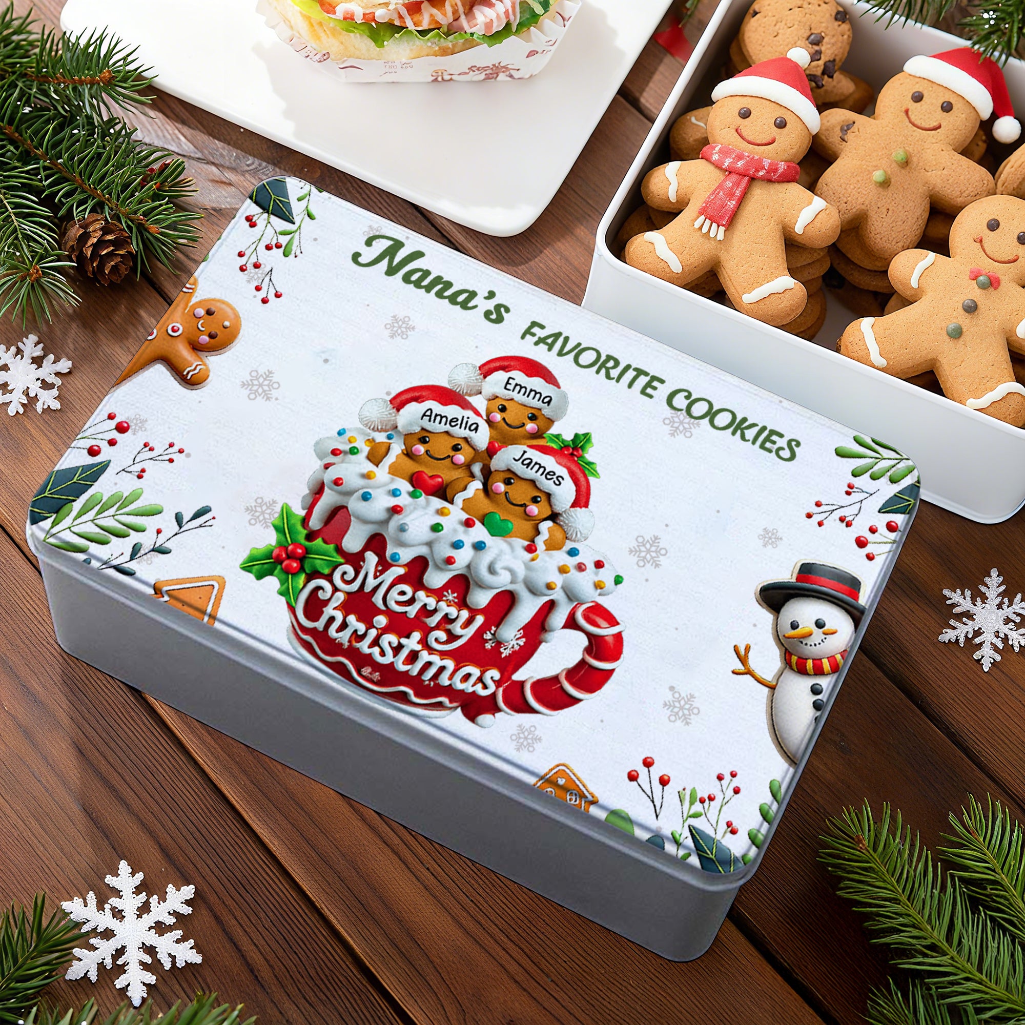Personalizado 2-20 Gingerbread Men Biscuit Caja de almacenamiento de estaño con nombres y título Regalo de Navidad para Niños Familia Amigos