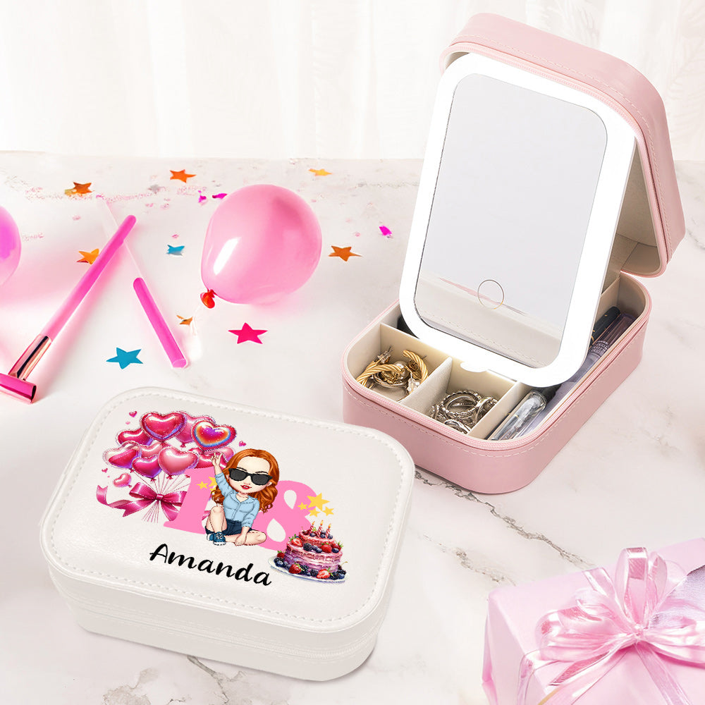 Personalizado Cartoon Globos Cake Personaje PU Caja de joyería de cuero con el nombre de edad y LED de tres colores ajustable Espejo de maquillaje Regalo de cumpleaños para las niñas