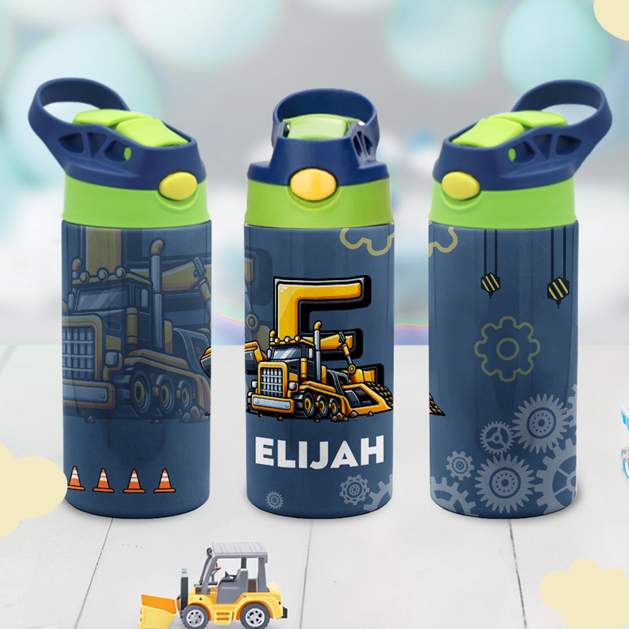 Botella de agua para niños con nombre y pajita de silicona personalizada con las iniciales de un camión de construcción Regalo de cumpleaños para niños de la vuelta al cole de uso diario