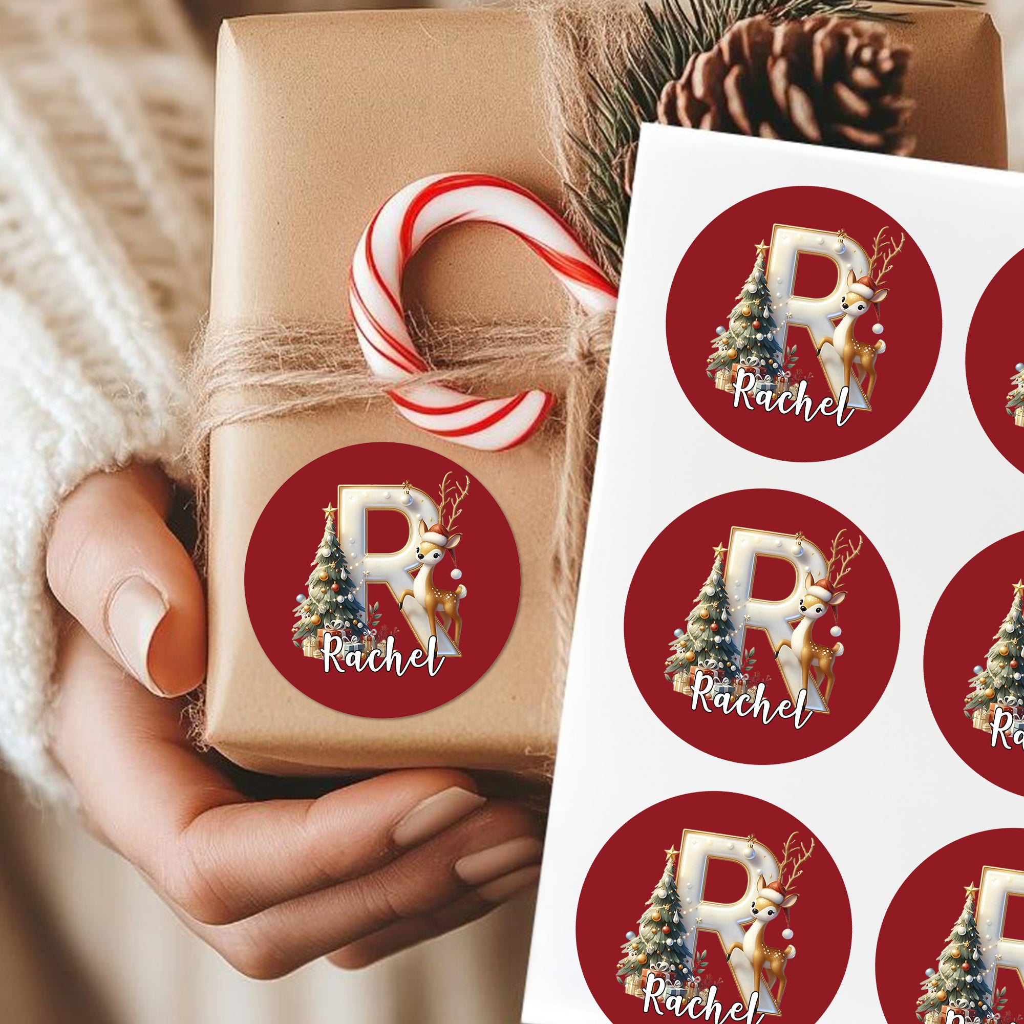 Árbol de Navidad personalizado Elk Initial Etiquetas adhesivas impermeables con nombre Regalo Decoración Fiesta de Navidad Favores para Niños Familia