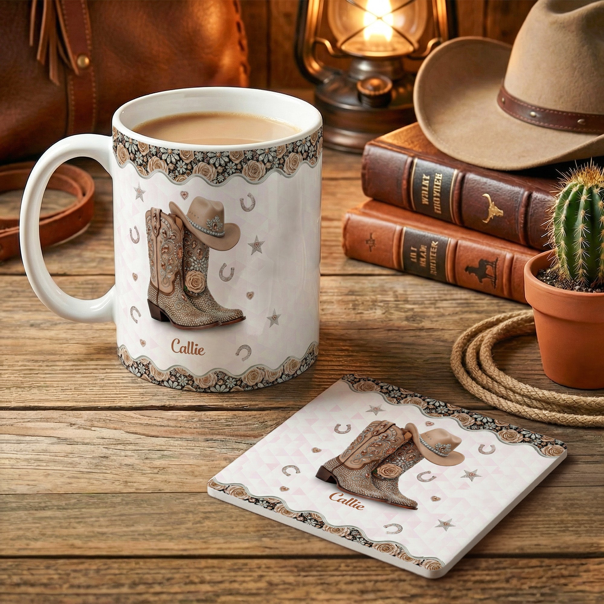 Taza Personalizada Botas de Dama Multicolor 11/15 oz Taza de Cerámica con Nombre y Posavasos Uso Diario Regalo de Cumpleaños para Mujeres Dueñas de Caballos