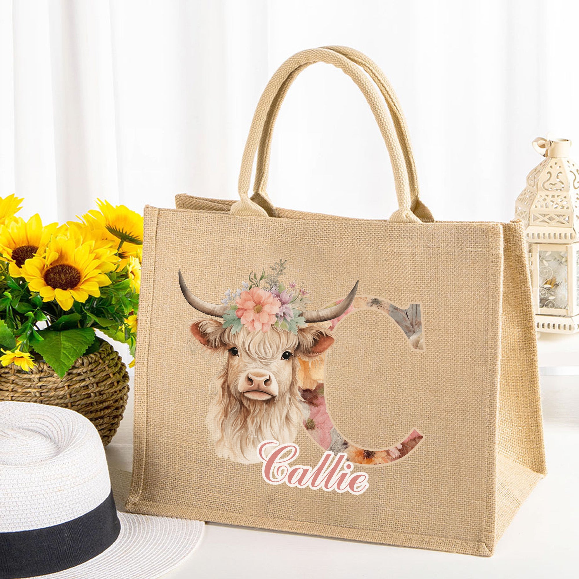 Personalizado lindo Highland Vaca Bolsa de yute grande portátil con el nombre y la inicial de la flor Regalo de cumpleaños para las niñas Amigos