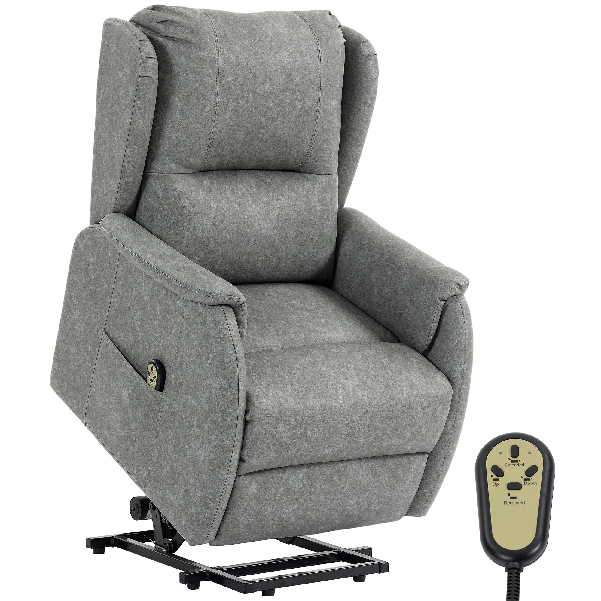 Dual Motor Power Lift Recliner Chair with Remote Control, Side Pockets & Faux Leather, Grey