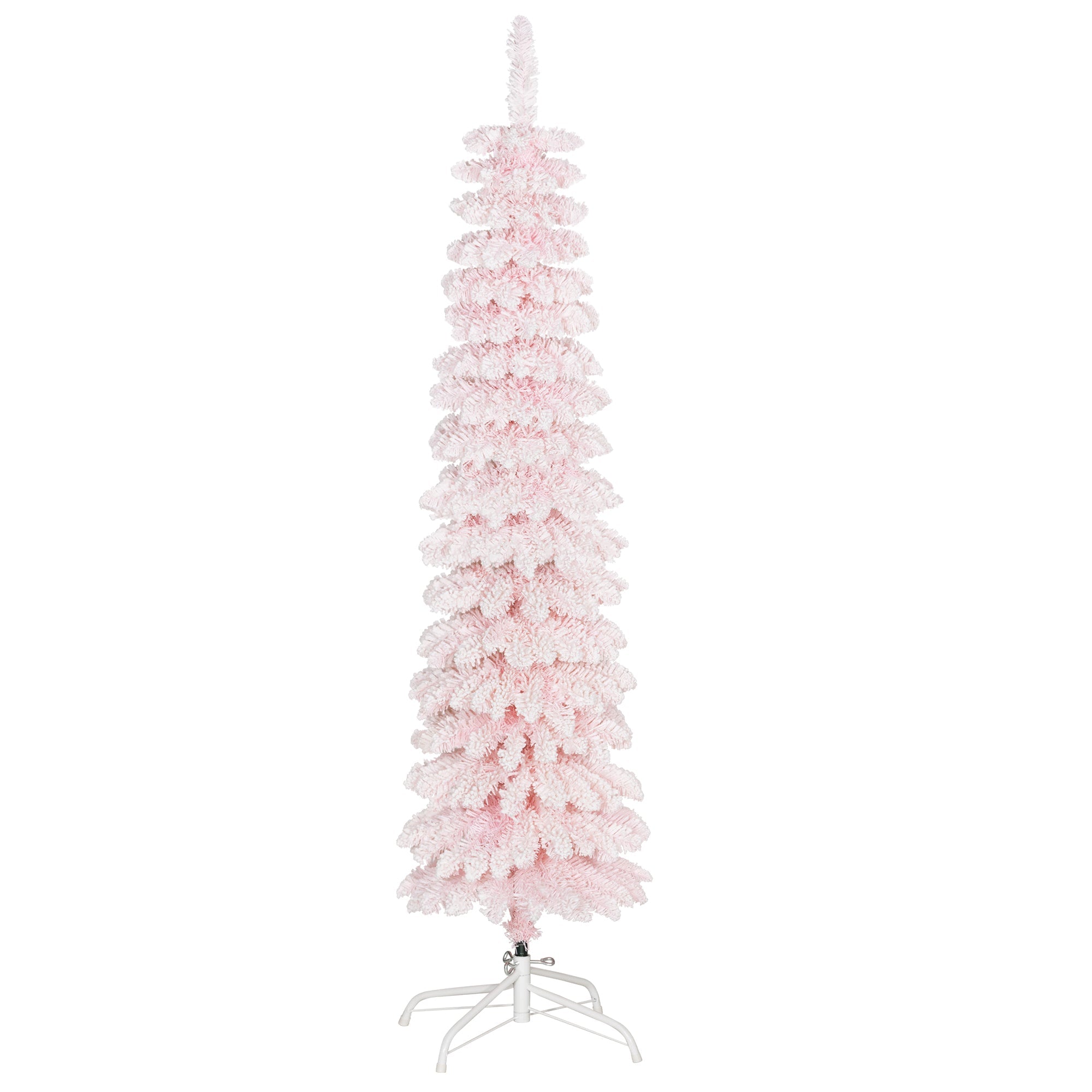 5ft Snow-Flocked Artificial Christmas Tree, Slim Pencil Xmas Tree with Metal Base, Pink