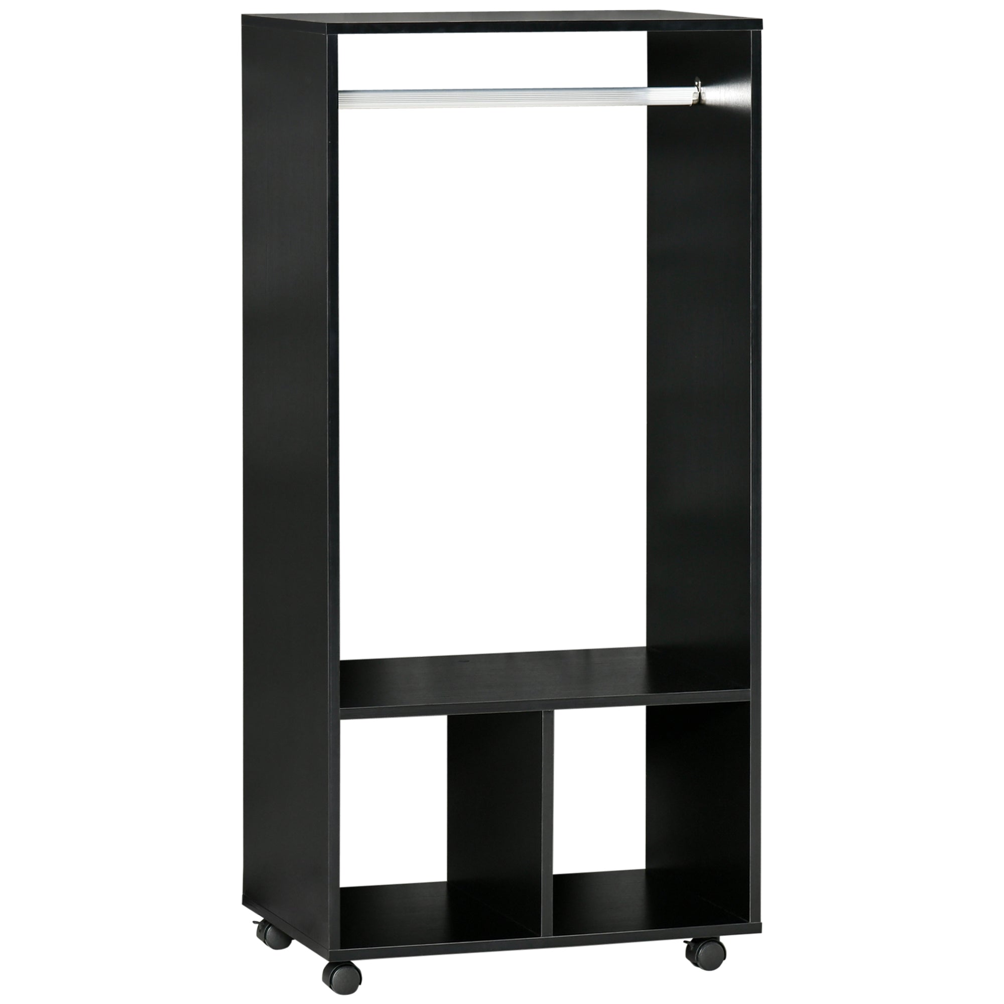 Open Wardrobe for Bedroom, Small Wardrobe on Wheels with Clothes Rail, Storage Shelves, Black