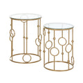 Set of 2 Round Nesting Tables with Glass Top and Steel Frame, Gold