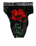 Women's Black Floral Print High Waist Sheer Mesh Underwear And Red Silk Clothing