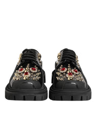 Women's Black Leather Jeweled Crystals Derby Shoes