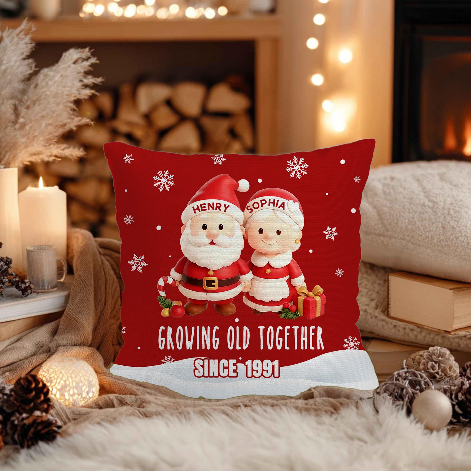 Personalizado Envejecer Juntos Navidad Personaje Suave Funda de Almohada con Nombre y Año Decoración del Hogar Regalo de Aniversario de Navidad para Parejas