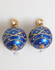 Women's Gold Brass Blue Christmas Ball Crystal Drop Clip On Earrings