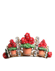 Women's Red Floral Flowerpot Crystal Gold Crown Tiara Headband Brass Accessory