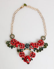 Women's Red Rose Floral Crystal Embellished Statement Jewelry Necklace