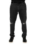 Men's Black Cotton Slim Fit Distressed Ripped Logo Jeans Blue Clothing