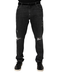 Men's Black Cotton Slim Fit Distressed Ripped Logo Jeans Blue Clothing