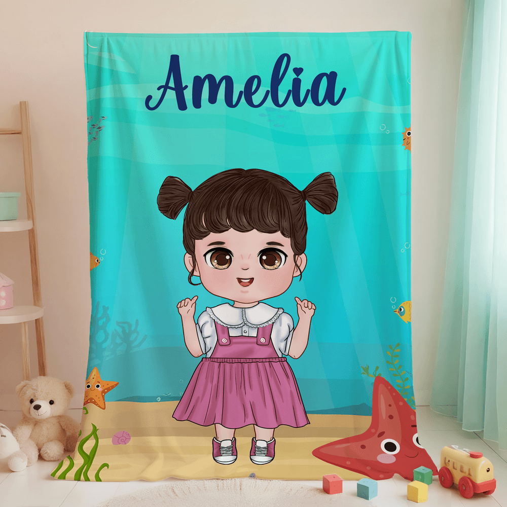 Manta suave personalizada con nombre de personaje de dibujos animados del océano Decoración de guardería Regalo de cumpleaños para niños Niñas