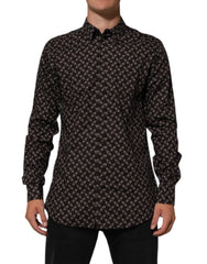 Men's Brownfloral Collared Gold Formal Dress Shirt Brown Cotton