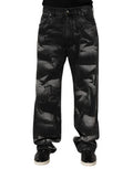 Black Marbled Effect Straight Men Denim Jeans Cotton Trousers