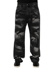 Black Marbled Effect Straight Men Denim Jeans Cotton Trousers