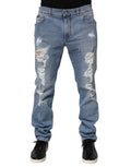 Men's Blue Tattered Slim Fit Cotton Denim Jeans Elastane Clothing