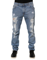 Men's Blue Tattered Slim Fit Cotton Denim Jeans Elastane Clothing