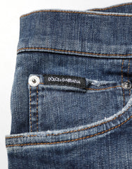 Men's Dark Blue Washed Running Ripped Denim Jeans Clothing