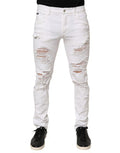 Men's Distressed Ripped Denim Jeans White Cotton Elastane