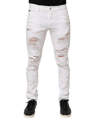 Men's Distressed Ripped Denim Jeans White Cotton Elastane