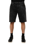 Black Cotton Mid Waist Denim Men Bermuda Short Elastane