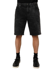 Black Cotton Mid Waist Denim Men Bermuda Short Elastane