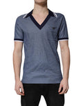 Men's Silk-Blend Collared V-Neck Polo Blue Cotton