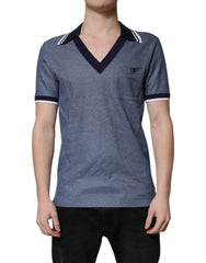 Men's Silk-Blend Collared V-Neck Polo Blue Cotton