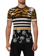 Multicolor Leopard Palm Leaf Men Crew Neck T-Shirt Cotton
