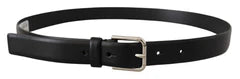 Men's Black Calf Leather Silver Tone Logo Buckle Belt