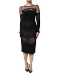 Women's Black Lace Trim Nylon Tulle Sheathmidi Dress