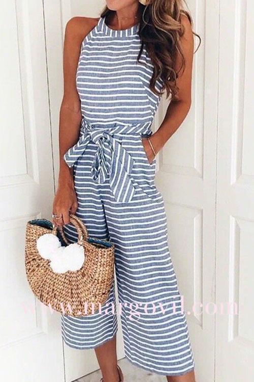 Sleeveless Knot Waist Wide Leg Striped Jumpsuit