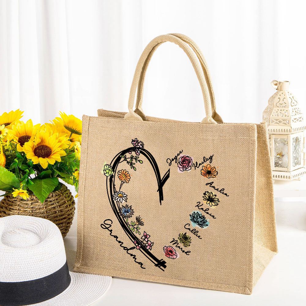 Personalizada Corazón de Amor 1-6 Flores de Nacimiento Bolsa de Yute Reutilizable con Apodo Cumpleaños Día de la Madre Regalo para Mujer