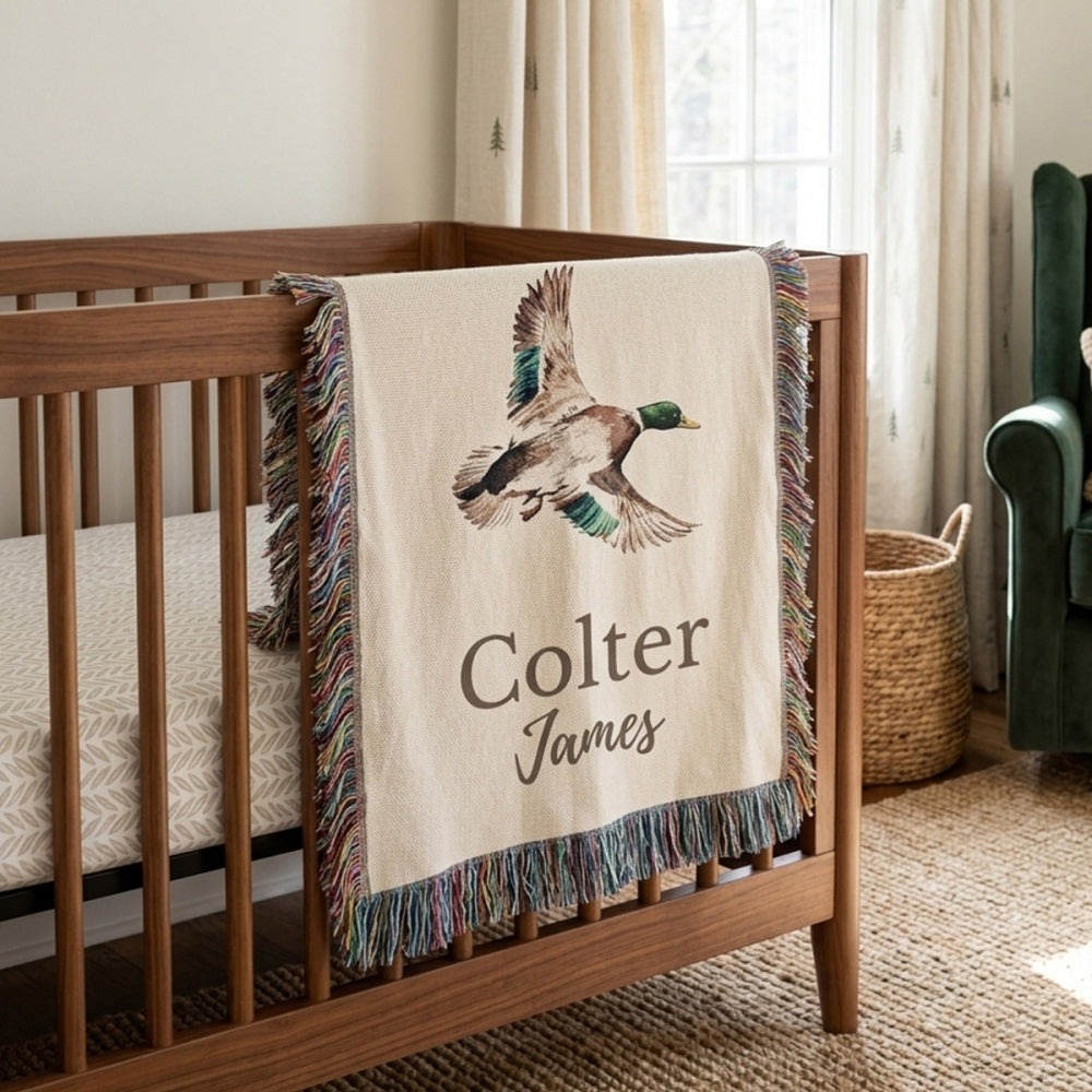Pato azulón personalizado con dibujo de rayas Borla manta tejida con nombre Decoración de la guardería Cumpleaños Baby Shower Regalo para recién nacidos Nuevos padres